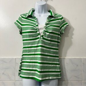 Vintage Anxiety Polo Shirt Womens XS/S Green White Stripe Y2K Preppy Retro Layer
